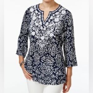 Charter Club Geometric NavyWhite V-Neck Embroidered 3/4 Sleeve Rayon Tunic Top L